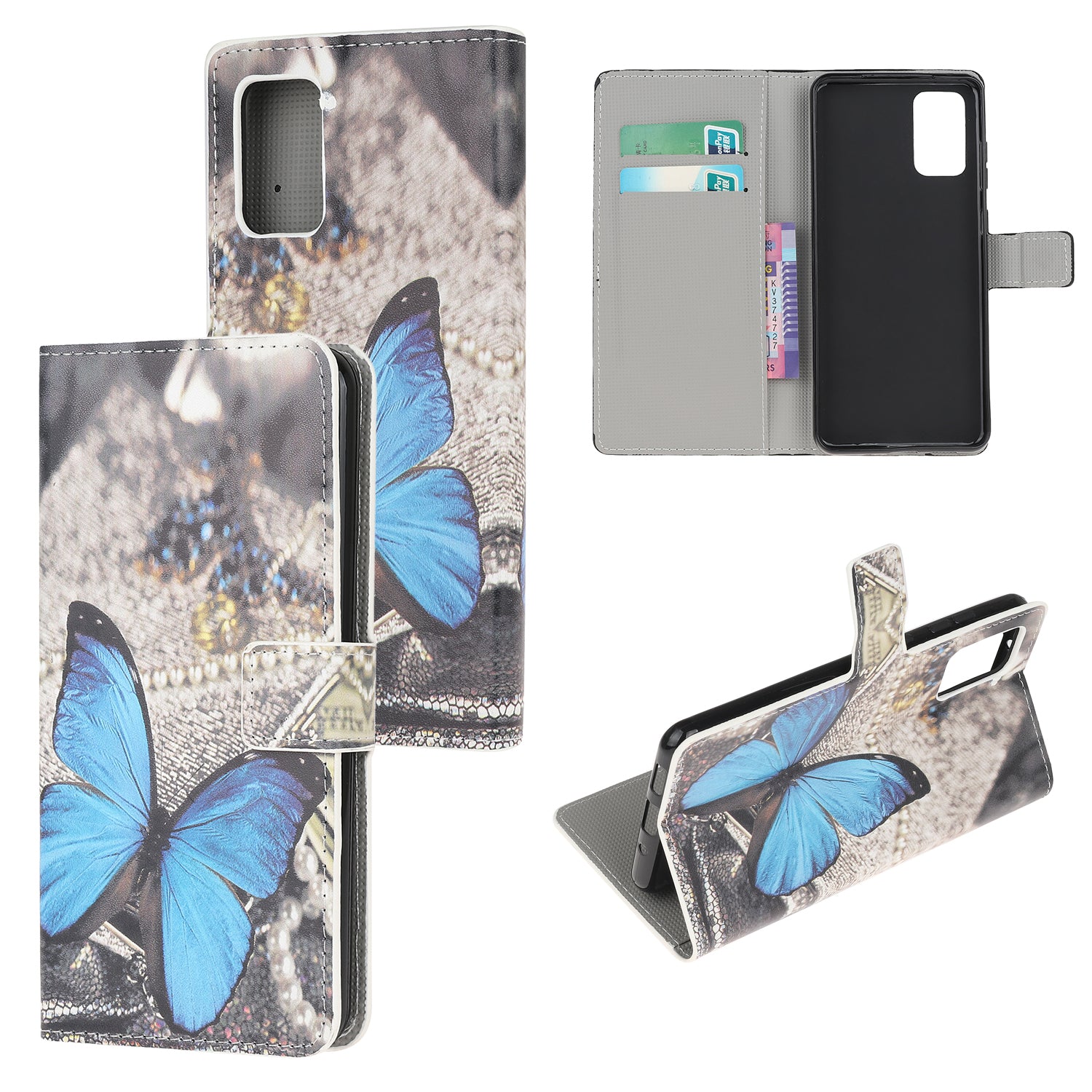 Phone Cover Pattern Printing Wallet Leather Case for Samsung Galaxy S20 Lite/S20 Fan Edition - Blue Butterfly