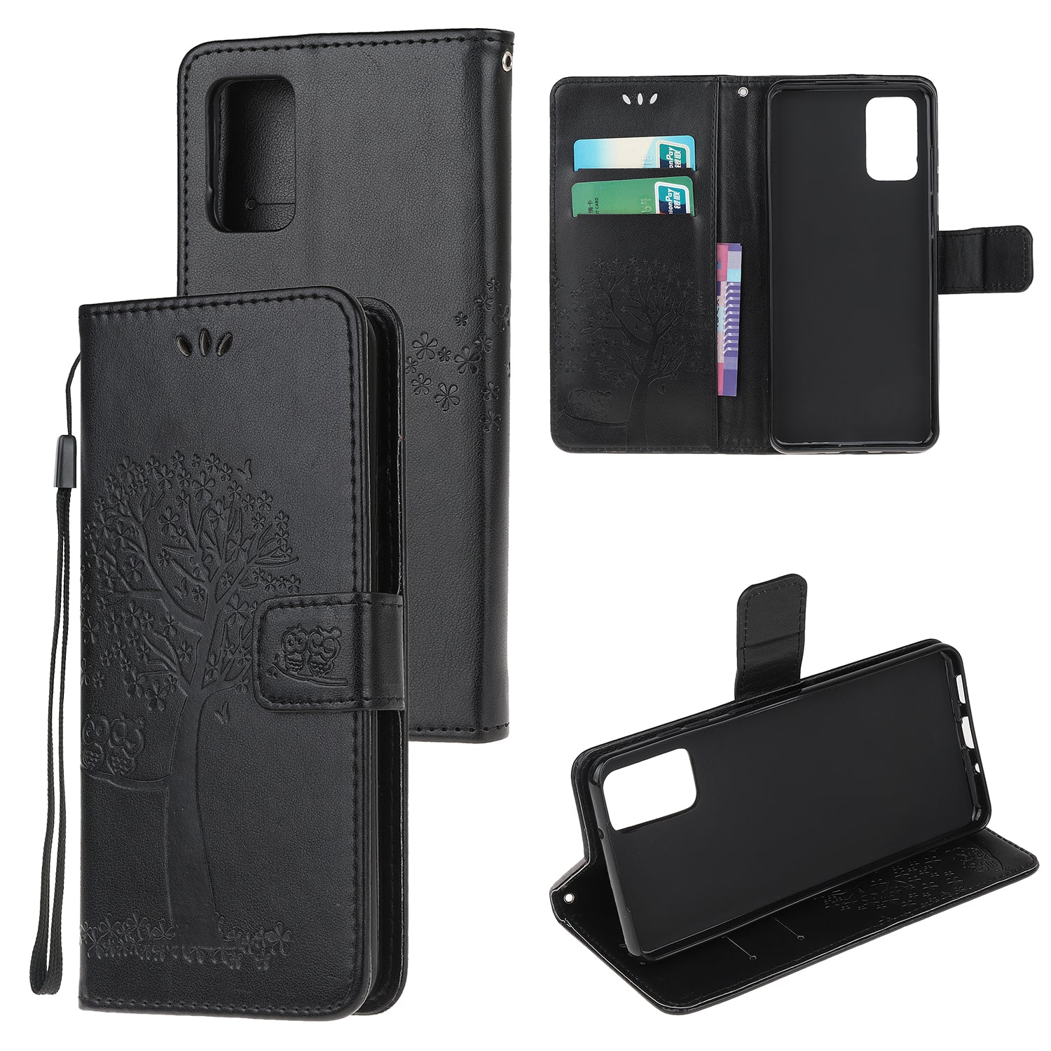 Imprint Tree Owl Wallet Leather Cover Stand Case for Samsung Galaxy S20 Lite/S20 Fan Edition - Black