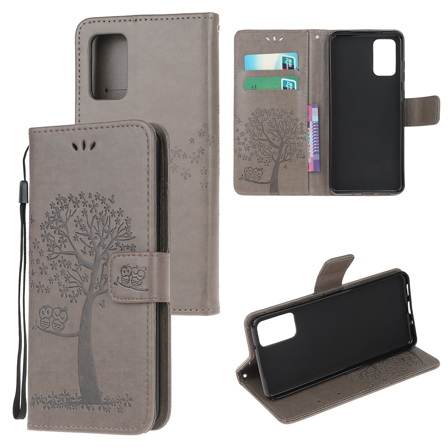 Imprint Tree Owl Wallet Leather Cover Stand Case for Samsung Galaxy S20 Lite/S20 Fan Edition - Grey