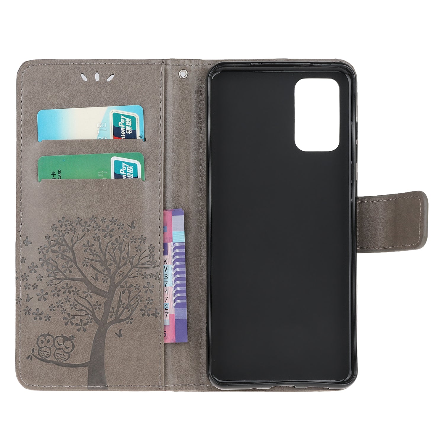 Imprint Tree Owl Wallet Leather Cover Stand Case for Samsung Galaxy S20 Lite/S20 Fan Edition - Grey