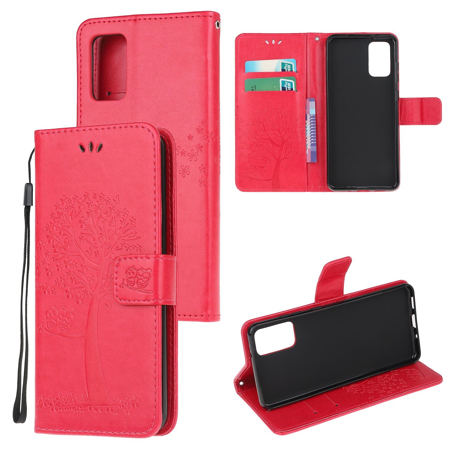 Imprint Tree Owl Wallet Leather Cover Stand Case for Samsung Galaxy S20 Lite/S20 Fan Edition - Red