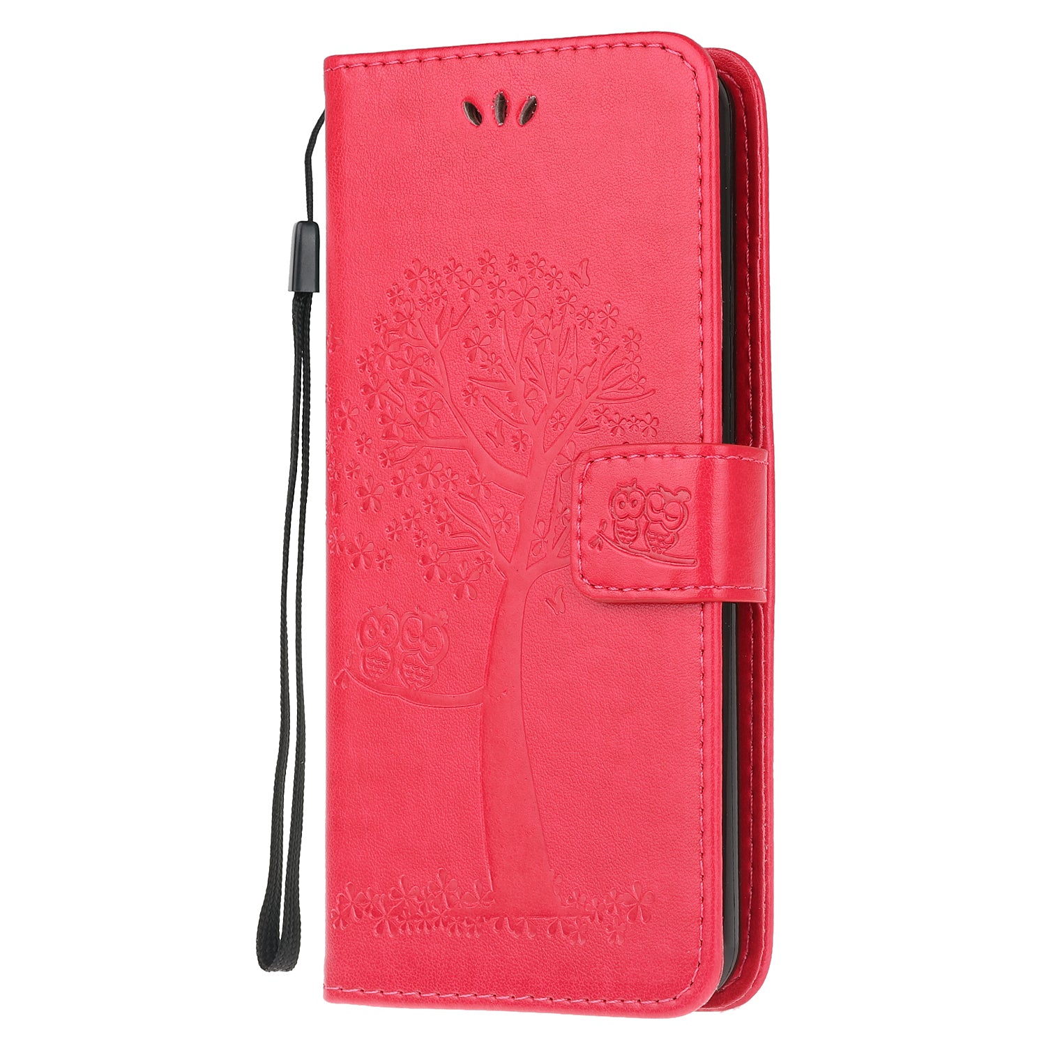 Imprint Tree Owl Wallet Leather Cover Stand Case for Samsung Galaxy S20 Lite/S20 Fan Edition - Red