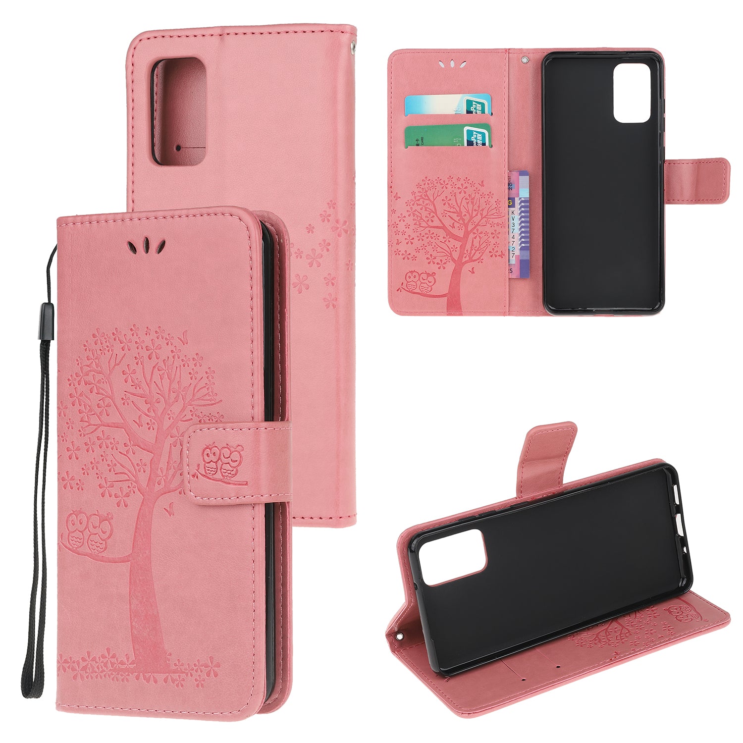 Imprint Tree Owl Wallet Leather Cover Stand Case for Samsung Galaxy S20 Lite/S20 Fan Edition - Pink