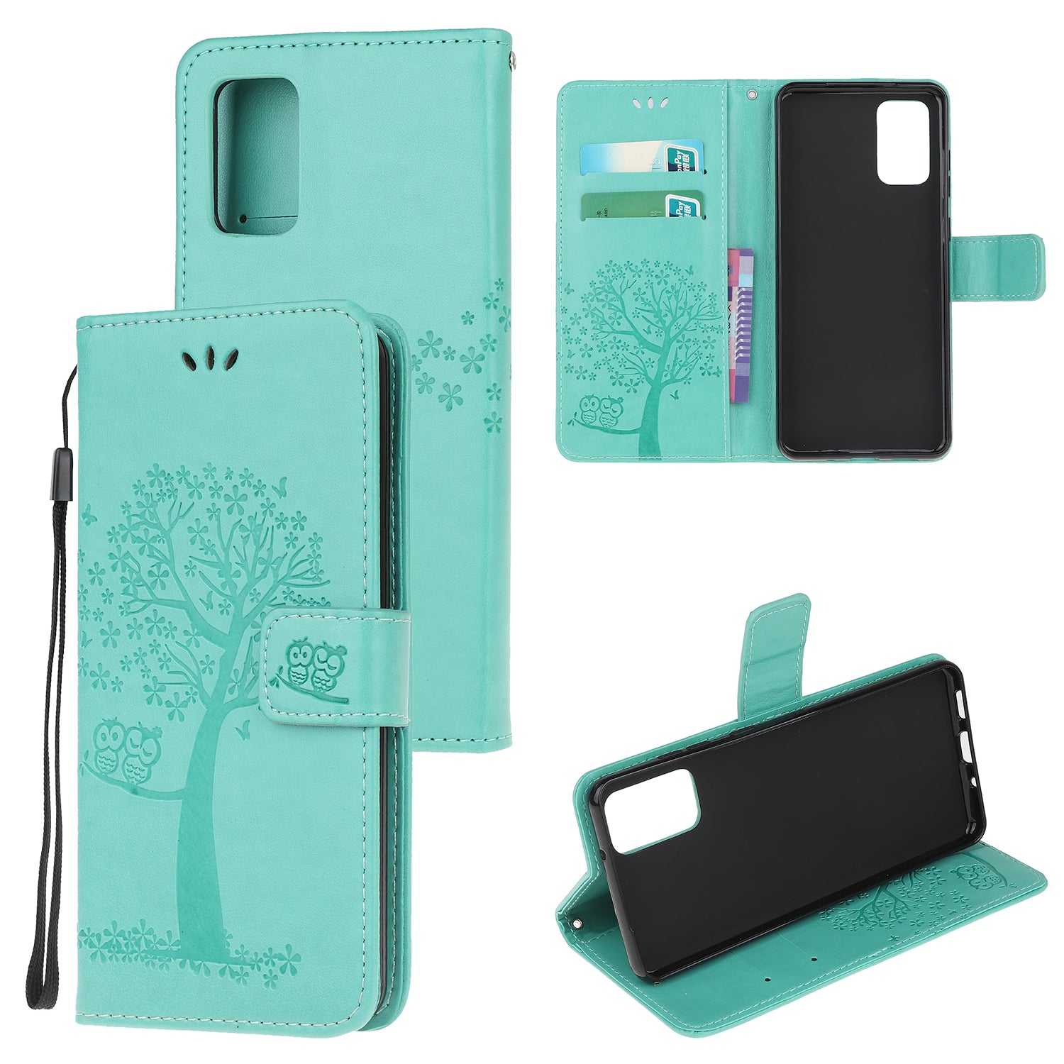 Imprint Tree Owl Wallet Leather Cover Stand Case for Samsung Galaxy S20 Lite/S20 Fan Edition - Cyan