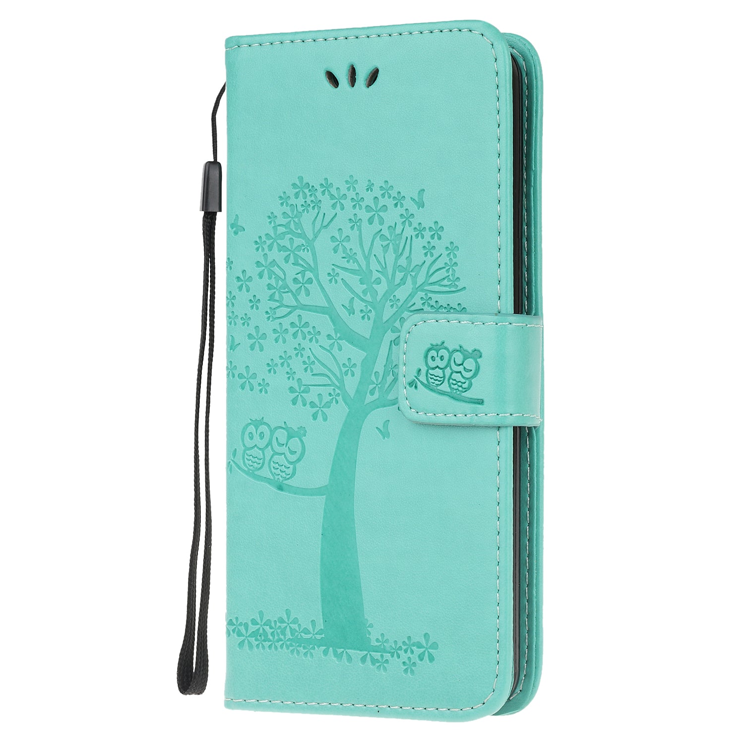 Imprint Tree Owl Wallet Leather Cover Stand Case for Samsung Galaxy S20 Lite/S20 Fan Edition - Cyan