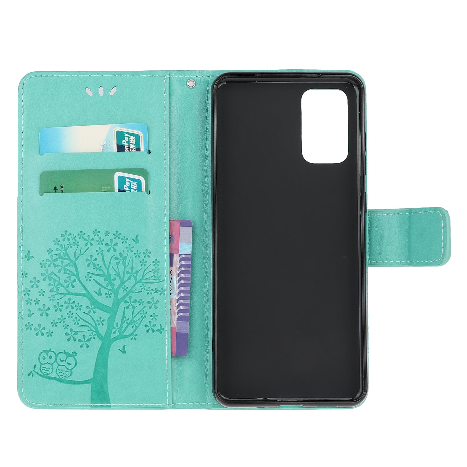 Imprint Tree Owl Wallet Leather Cover Stand Case for Samsung Galaxy S20 Lite/S20 Fan Edition - Cyan