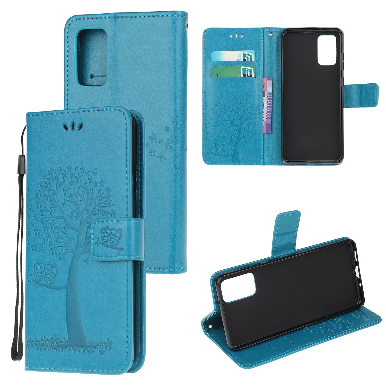 Imprint Tree Owl Wallet Leather Cover Stand Case for Samsung Galaxy S20 Lite/S20 Fan Edition - Blue