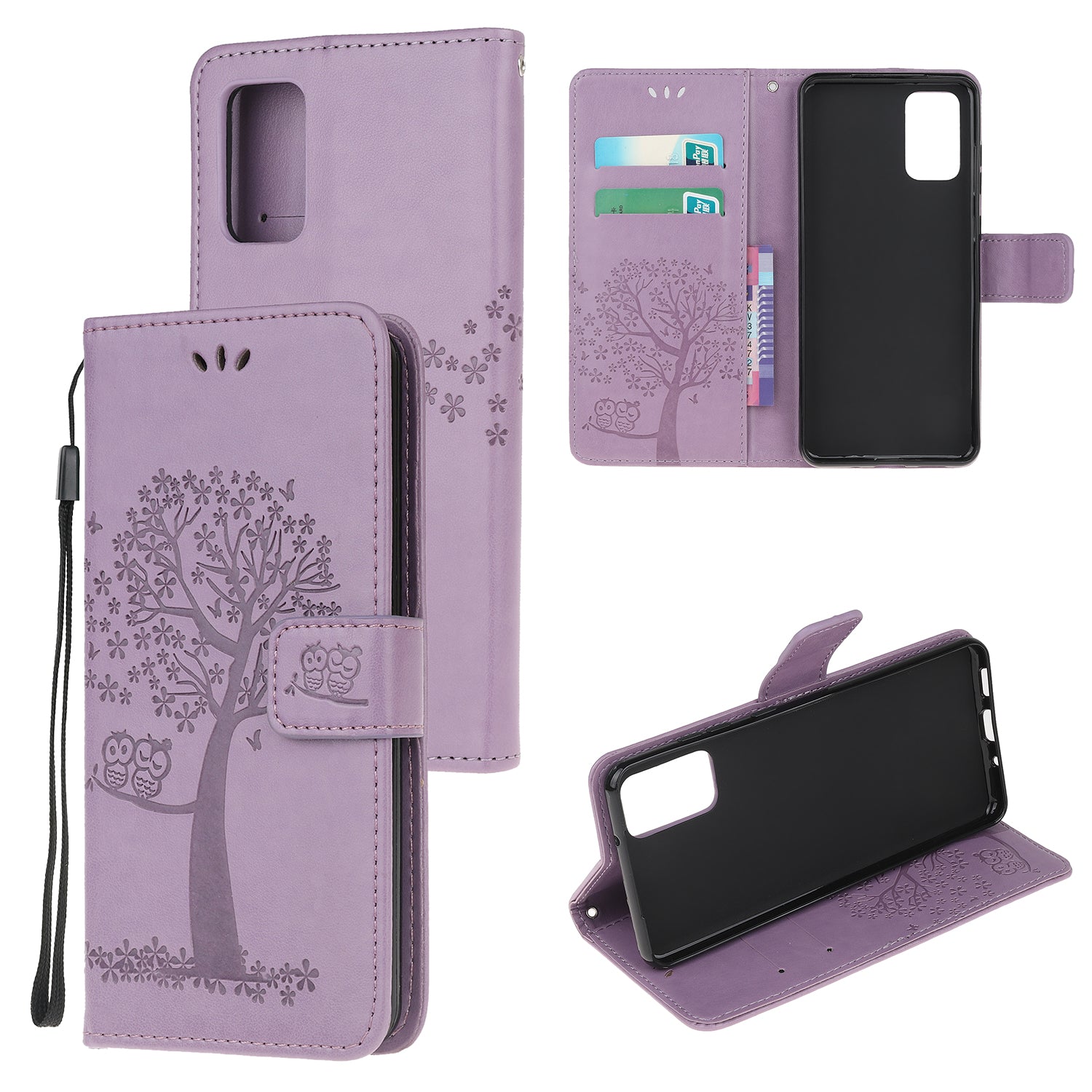 Imprint Tree Owl Wallet Leather Cover Stand Case for Samsung Galaxy S20 Lite/S20 Fan Edition - Light Purple