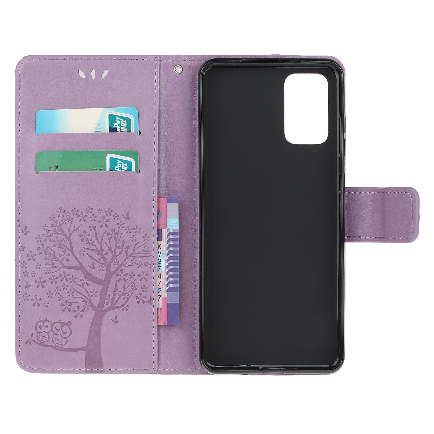 Imprint Tree Owl Wallet Leather Cover Stand Case for Samsung Galaxy S20 Lite/S20 Fan Edition - Light Purple