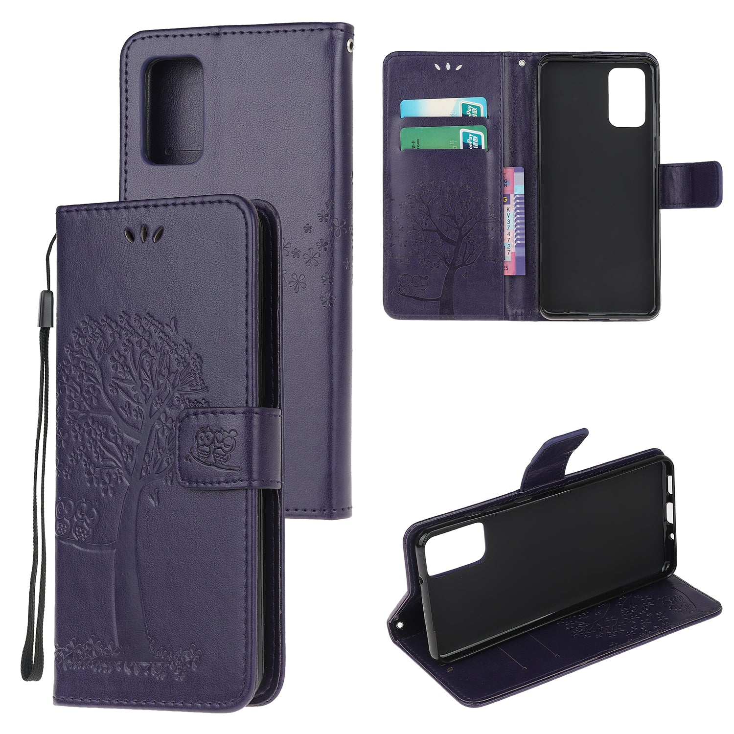 Imprint Tree Owl Wallet Leather Cover Stand Case for Samsung Galaxy S20 Lite/S20 Fan Edition - Dark Purple