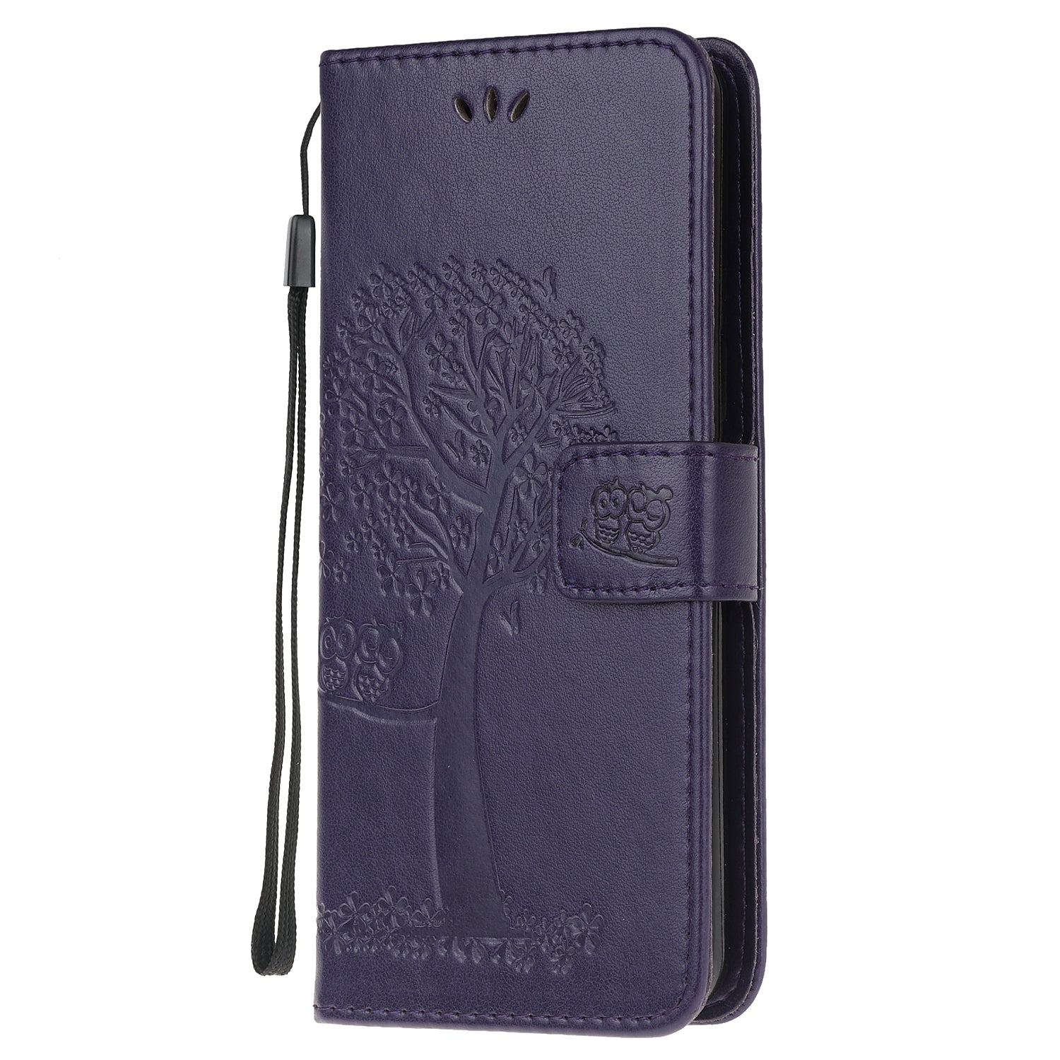 Imprint Tree Owl Wallet Leather Cover Stand Case for Samsung Galaxy S20 Lite/S20 Fan Edition - Dark Purple