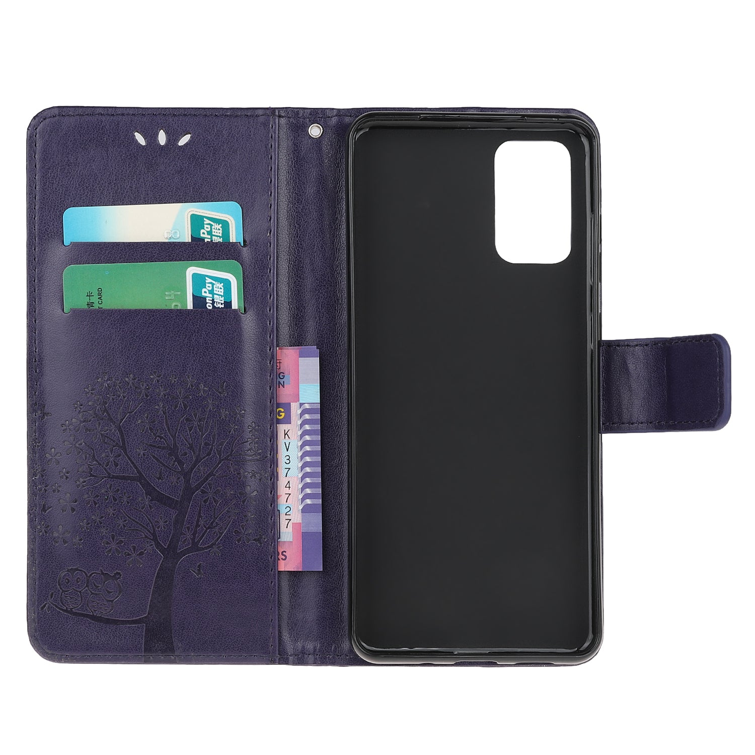 Imprint Tree Owl Wallet Leather Cover Stand Case for Samsung Galaxy S20 Lite/S20 Fan Edition - Dark Purple