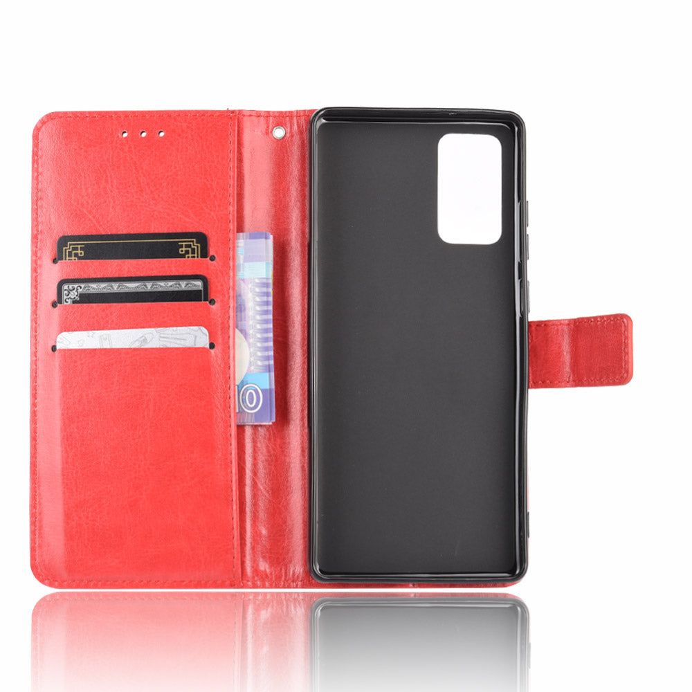 Crazy Horse Protector Wallet Stand Leather Case with Lanyard for Samsung Galaxy S20 Lite/S20 Fan Edition/FE 4G/5G - Red