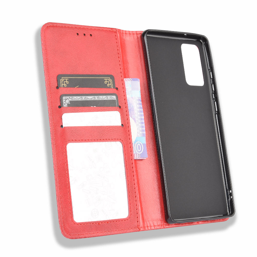 Vintage Protector Wallet Stand Leather Cover for Samsung Galaxy S20 Lite/S20 Fan Edition/FE 4G/5G - Red