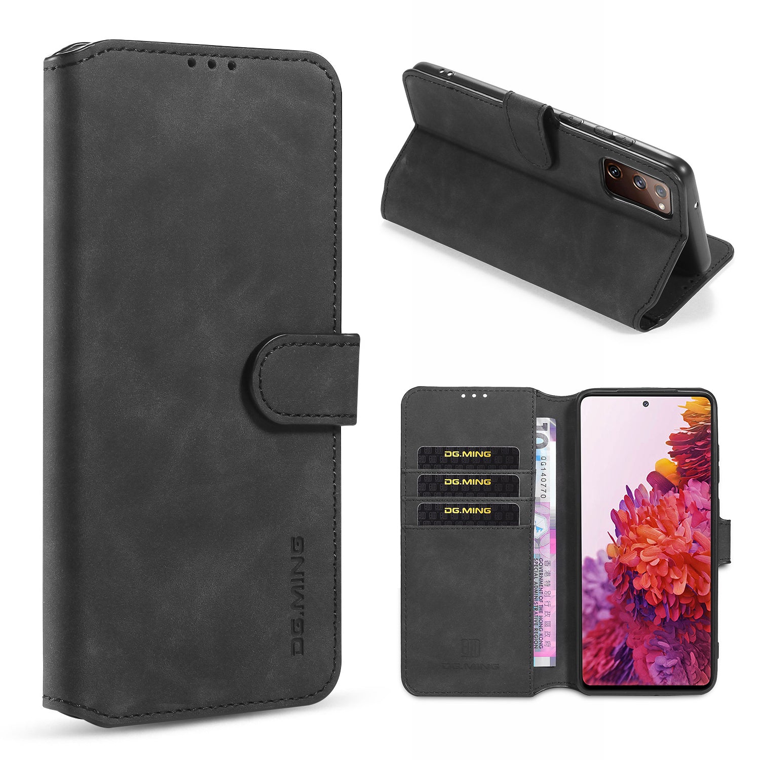 DG.MING Phone Case for Samsung Galaxy S20 FE 4G/5G/S20 Lite/S20 FE 2022 Retro Style Leather Wallet Stand Cover - Black