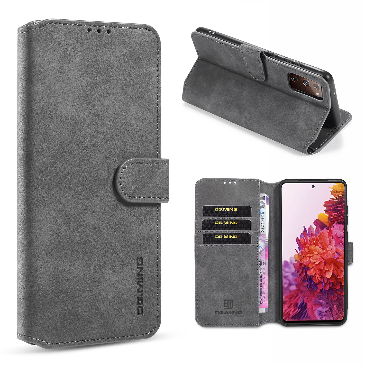 DG.MING Phone Case for Samsung Galaxy S20 FE 4G/5G/S20 Lite/S20 FE 2022 Retro Style Leather Wallet Stand Cover - Grey