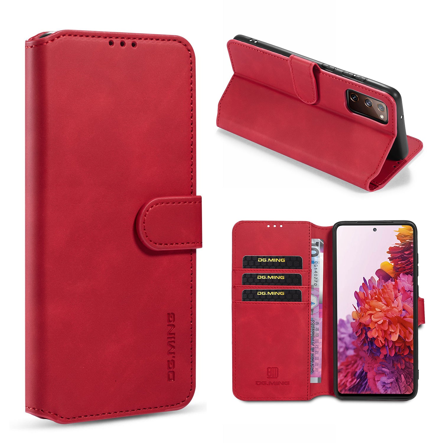 DG.MING Phone Case for Samsung Galaxy S20 FE 4G/5G/S20 Lite/S20 FE 2022 Retro Style Leather Wallet Stand Cover - Red