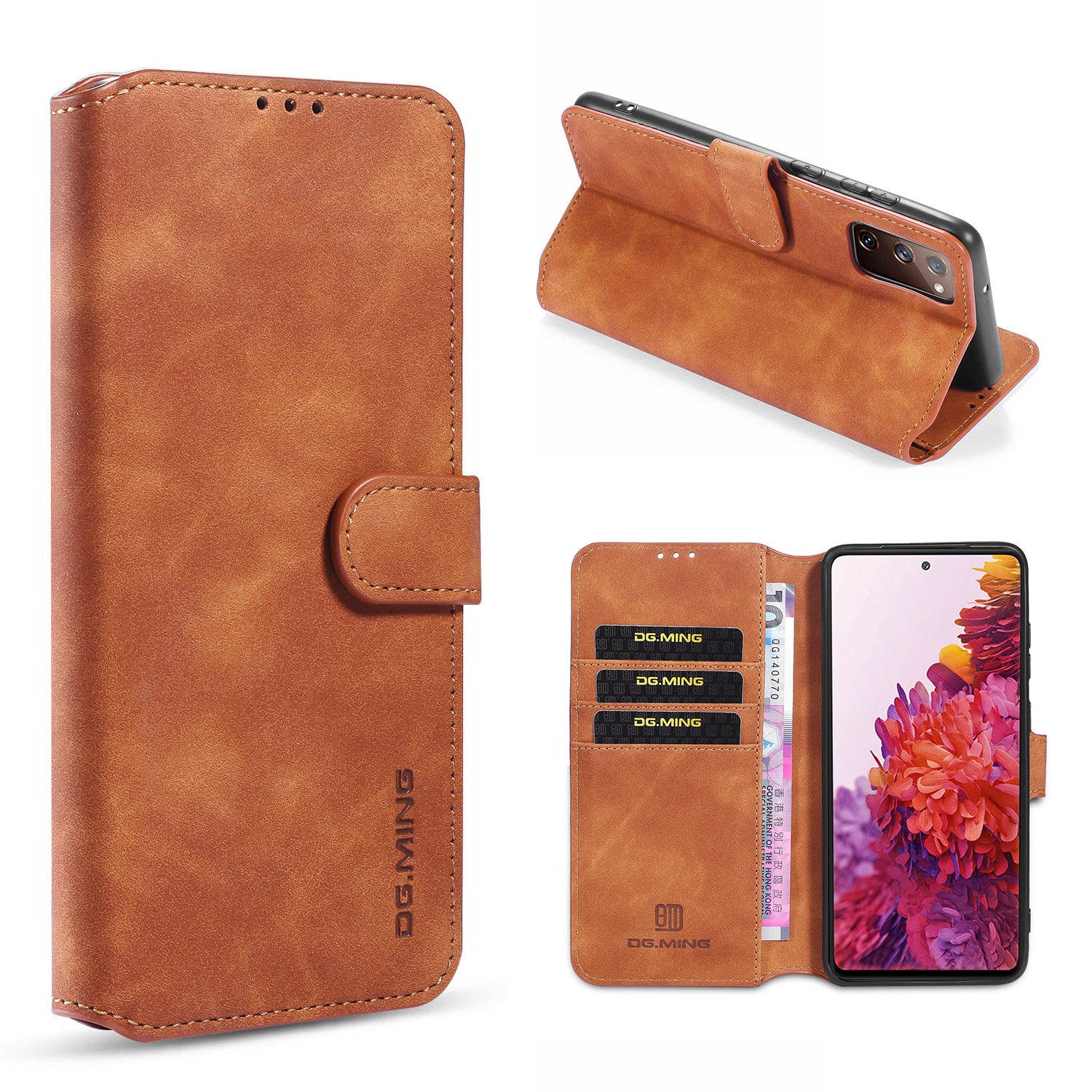 DG.MING Phone Case for Samsung Galaxy S20 FE 4G/5G/S20 Lite/S20 FE 2022 Retro Style Leather Wallet Stand Cover - Brown