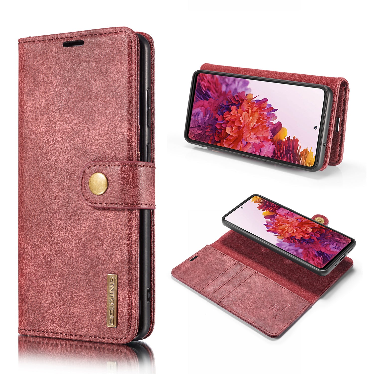 DG.MING Detachable 2-in-1 Split Leather Wallet Shell + PC Back Case for Samsung Galaxy S20 FE 4G / 5G / S20 Lite / S20 FE 2022 - Wine Red