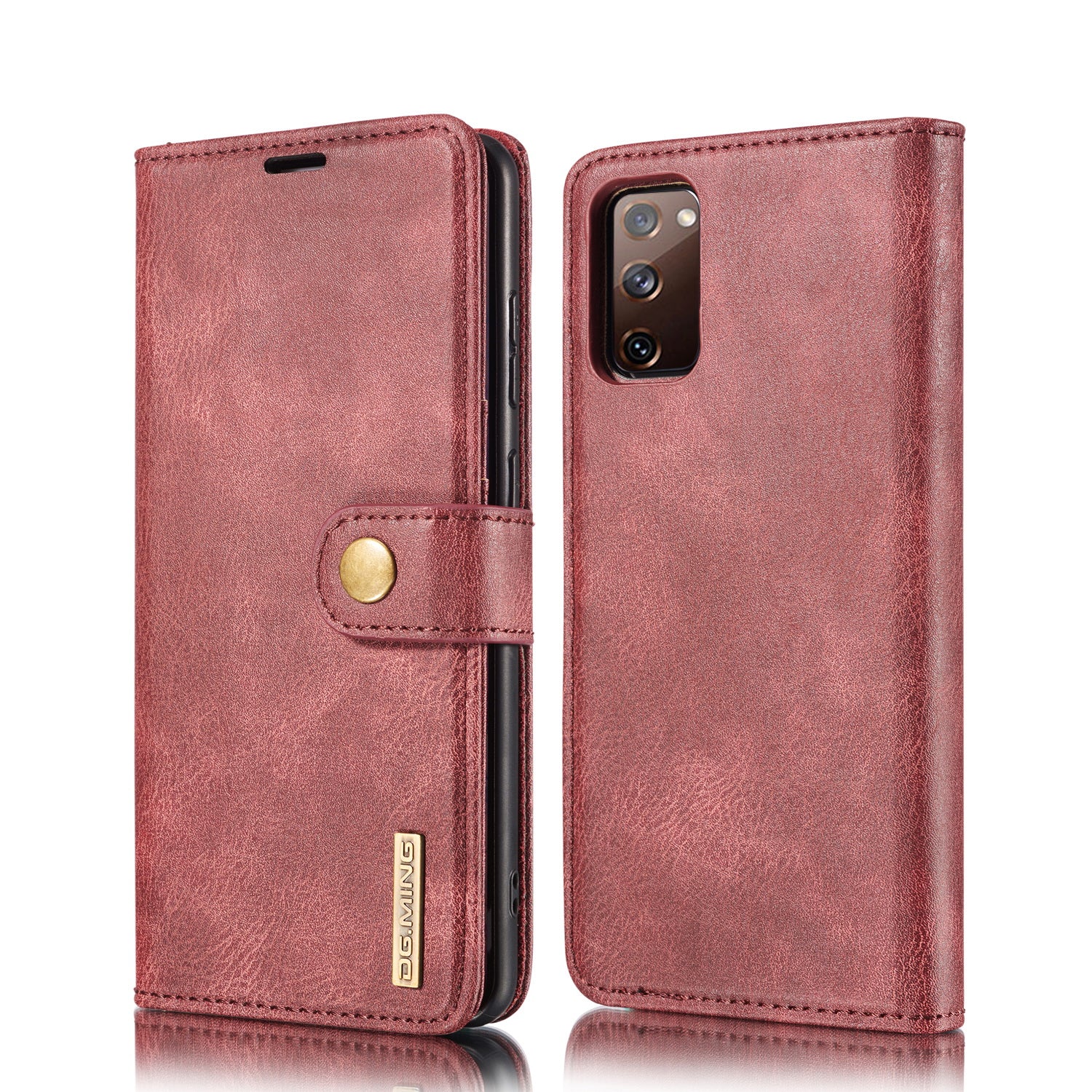 DG.MING Detachable 2-in-1 Split Leather Wallet Shell + PC Back Case for Samsung Galaxy S20 FE 4G / 5G / S20 Lite / S20 FE 2022 - Wine Red