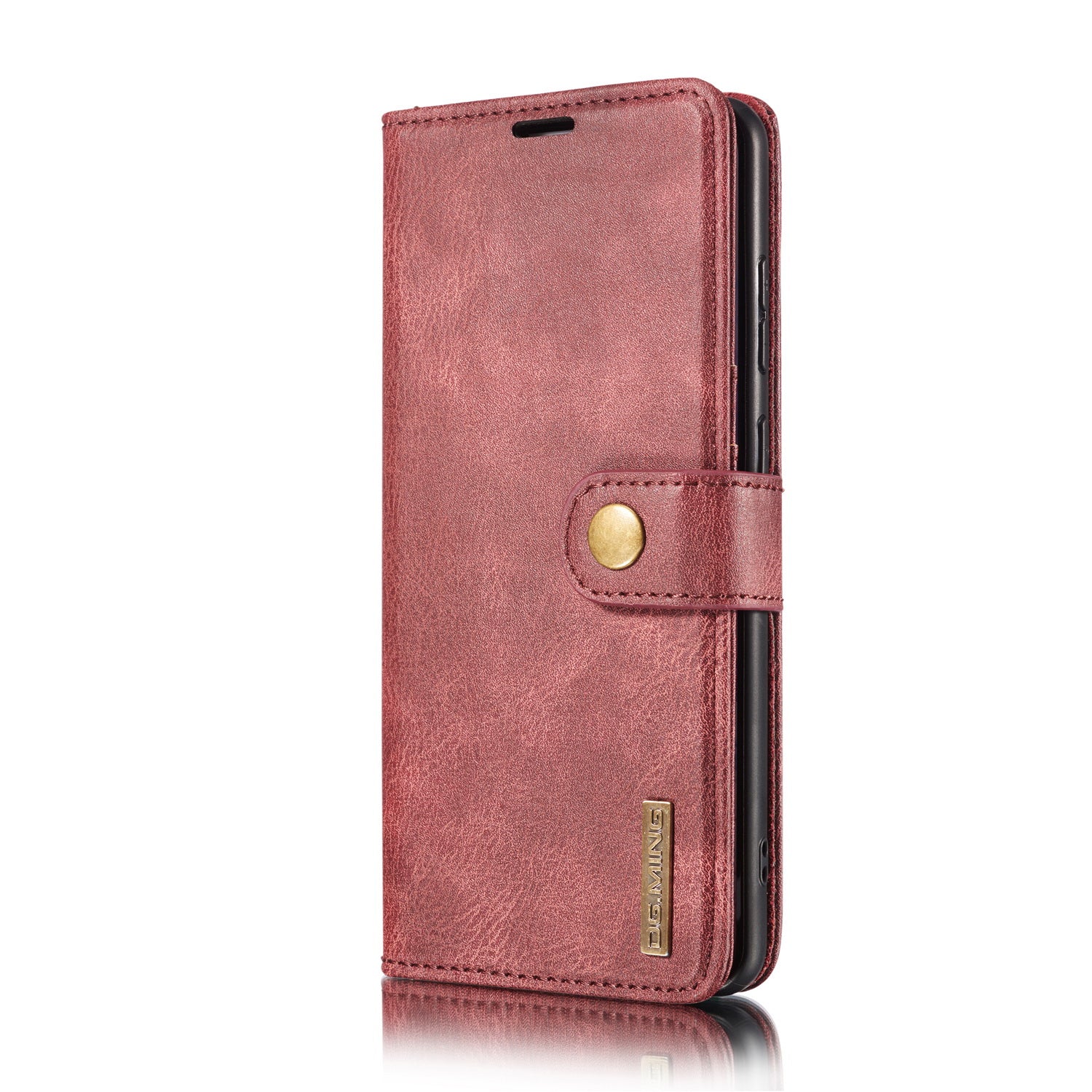 DG.MING Detachable 2-in-1 Split Leather Wallet Shell + PC Back Case for Samsung Galaxy S20 FE 4G / 5G / S20 Lite / S20 FE 2022 - Wine Red