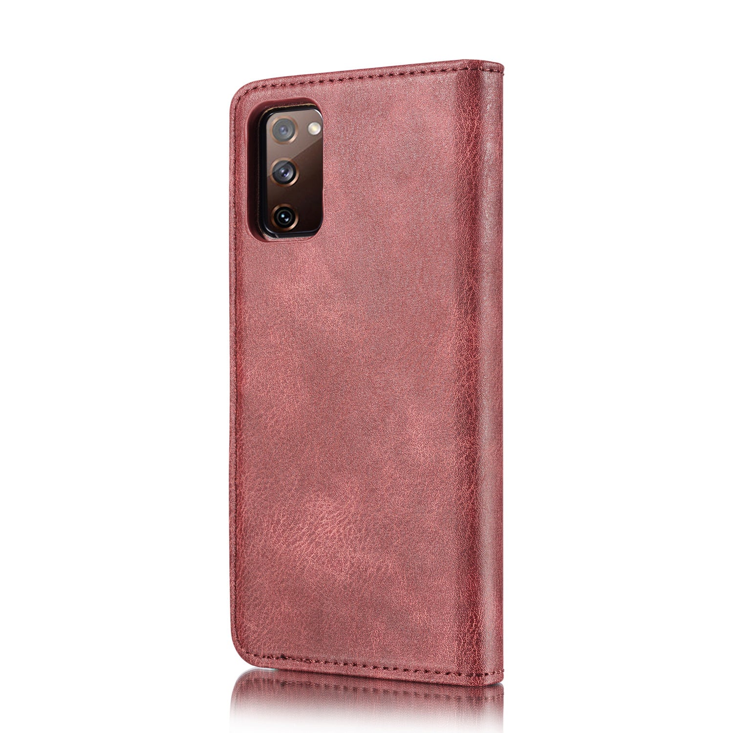 DG.MING Detachable 2-in-1 Split Leather Wallet Shell + PC Back Case for Samsung Galaxy S20 FE 4G / 5G / S20 Lite / S20 FE 2022 - Wine Red