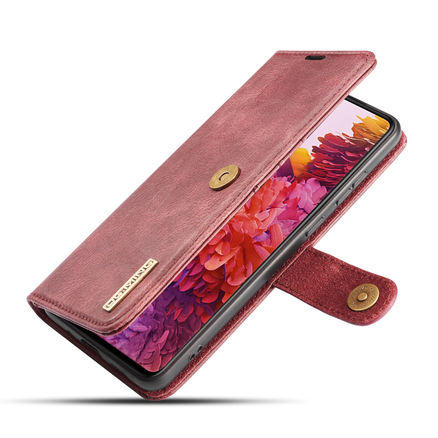 DG.MING Detachable 2-in-1 Split Leather Wallet Shell + PC Back Case for Samsung Galaxy S20 FE 4G / 5G / S20 Lite / S20 FE 2022 - Wine Red