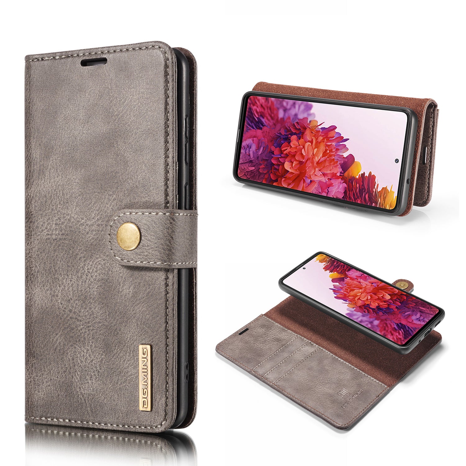 DG.MING Detachable 2-in-1 Split Leather Wallet Shell + PC Back Case for Samsung Galaxy S20 FE 4G / 5G / S20 Lite / S20 FE 2022 - Grey