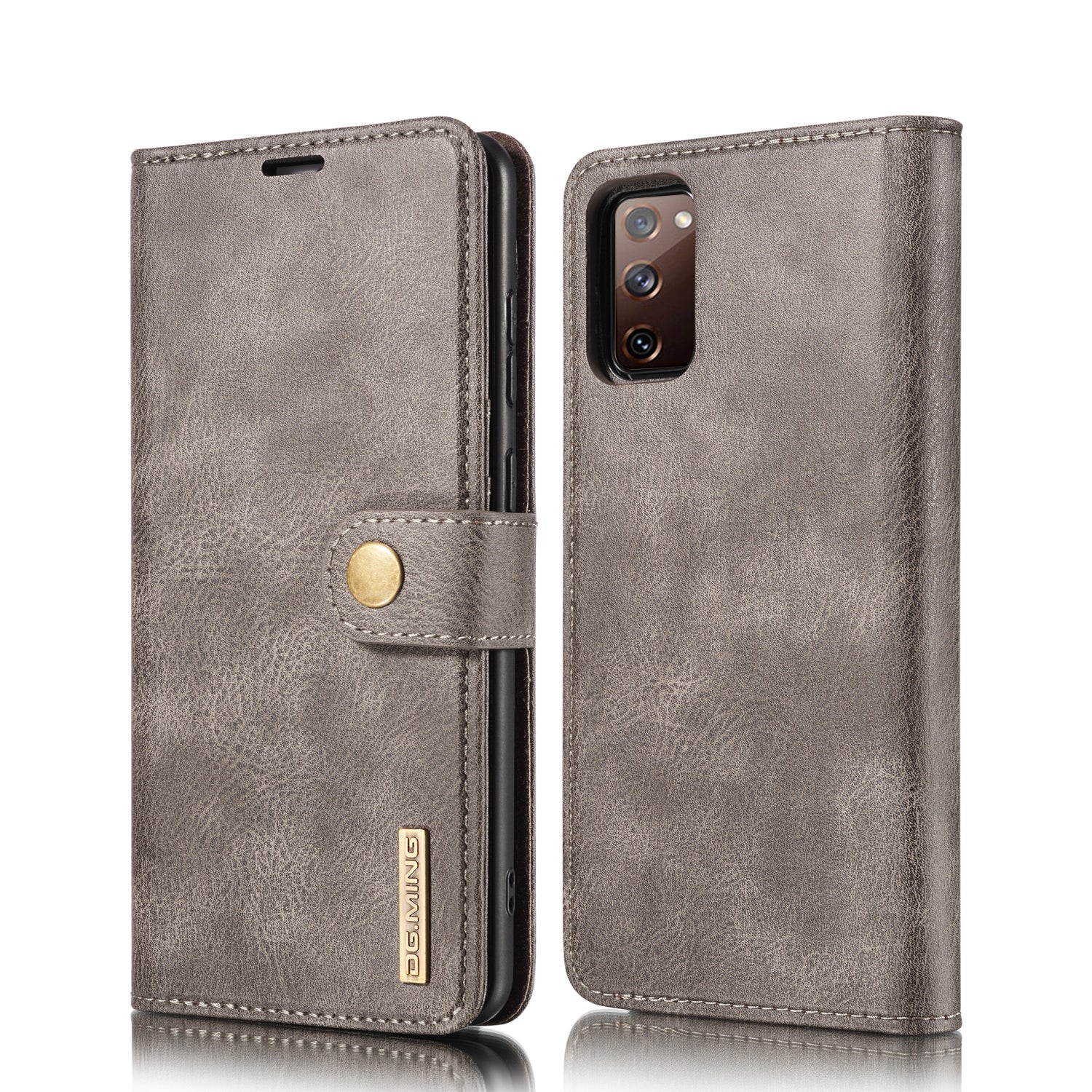 DG.MING Detachable 2-in-1 Split Leather Wallet Shell + PC Back Case for Samsung Galaxy S20 FE 4G / 5G / S20 Lite / S20 FE 2022 - Grey