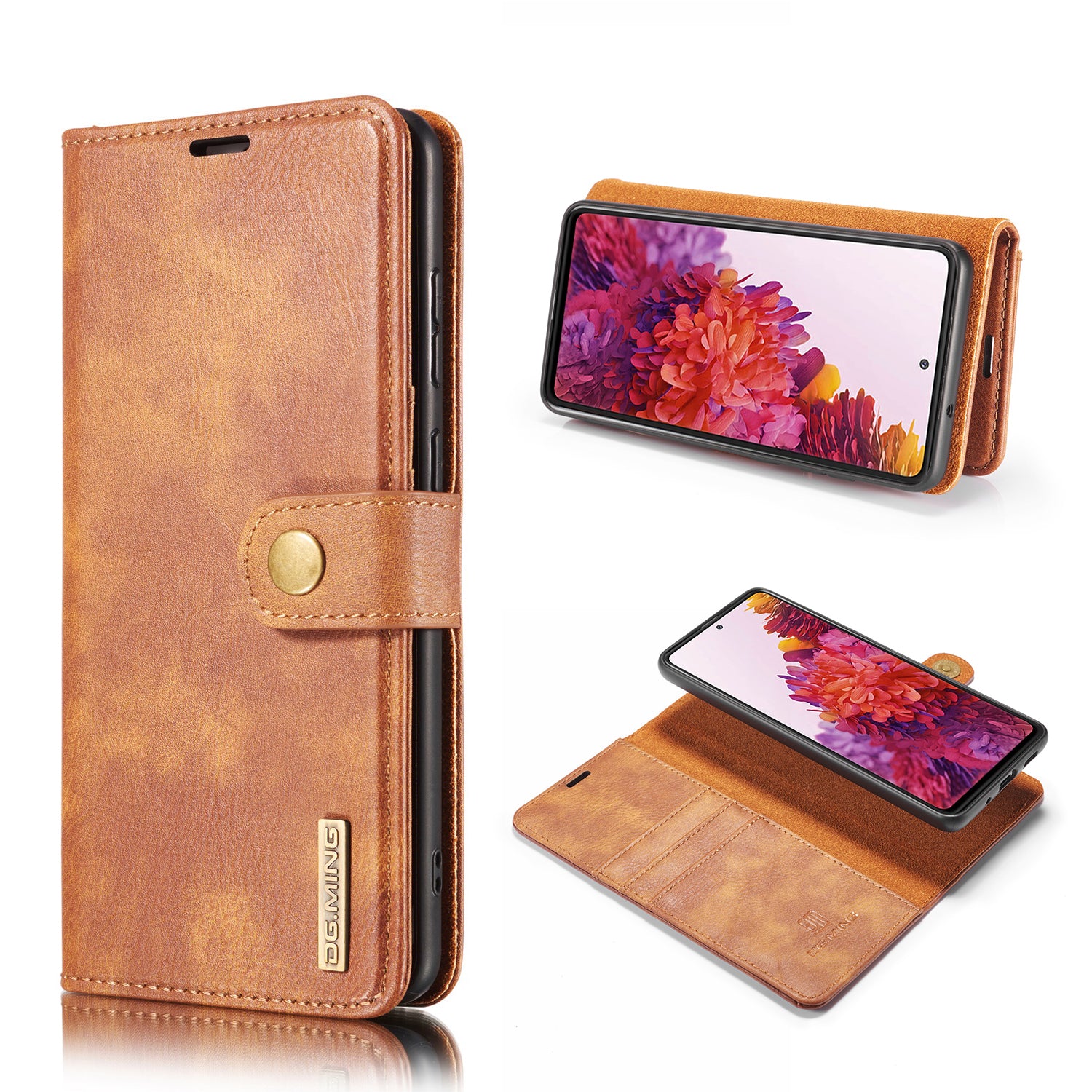 DG.MING Detachable 2-in-1 Split Leather Wallet Shell + PC Back Case for Samsung Galaxy S20 FE 4G / 5G / S20 Lite / S20 FE 2022 - Brown