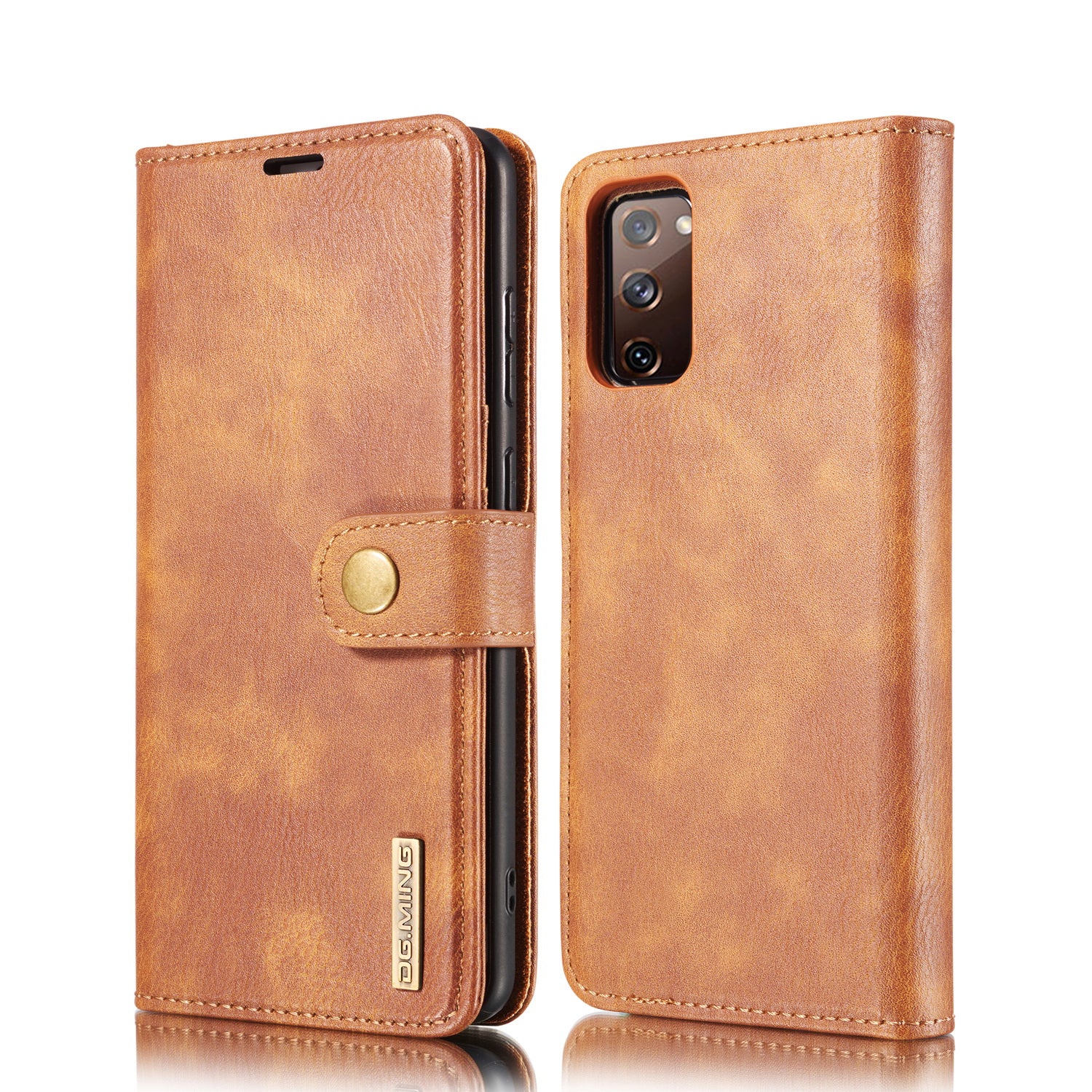 DG.MING Detachable 2-in-1 Split Leather Wallet Shell + PC Back Case for Samsung Galaxy S20 FE 4G / 5G / S20 Lite / S20 FE 2022 - Brown