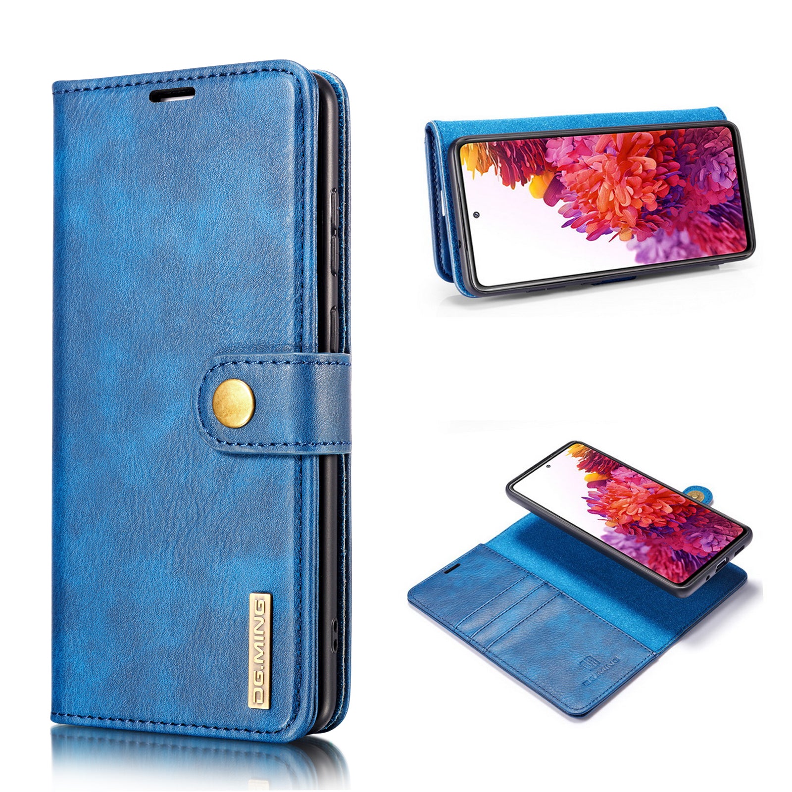 DG.MING Detachable 2-in-1 Split Leather Wallet Shell + PC Back Case for Samsung Galaxy S20 FE 4G / 5G / S20 Lite / S20 FE 2022 - Blue