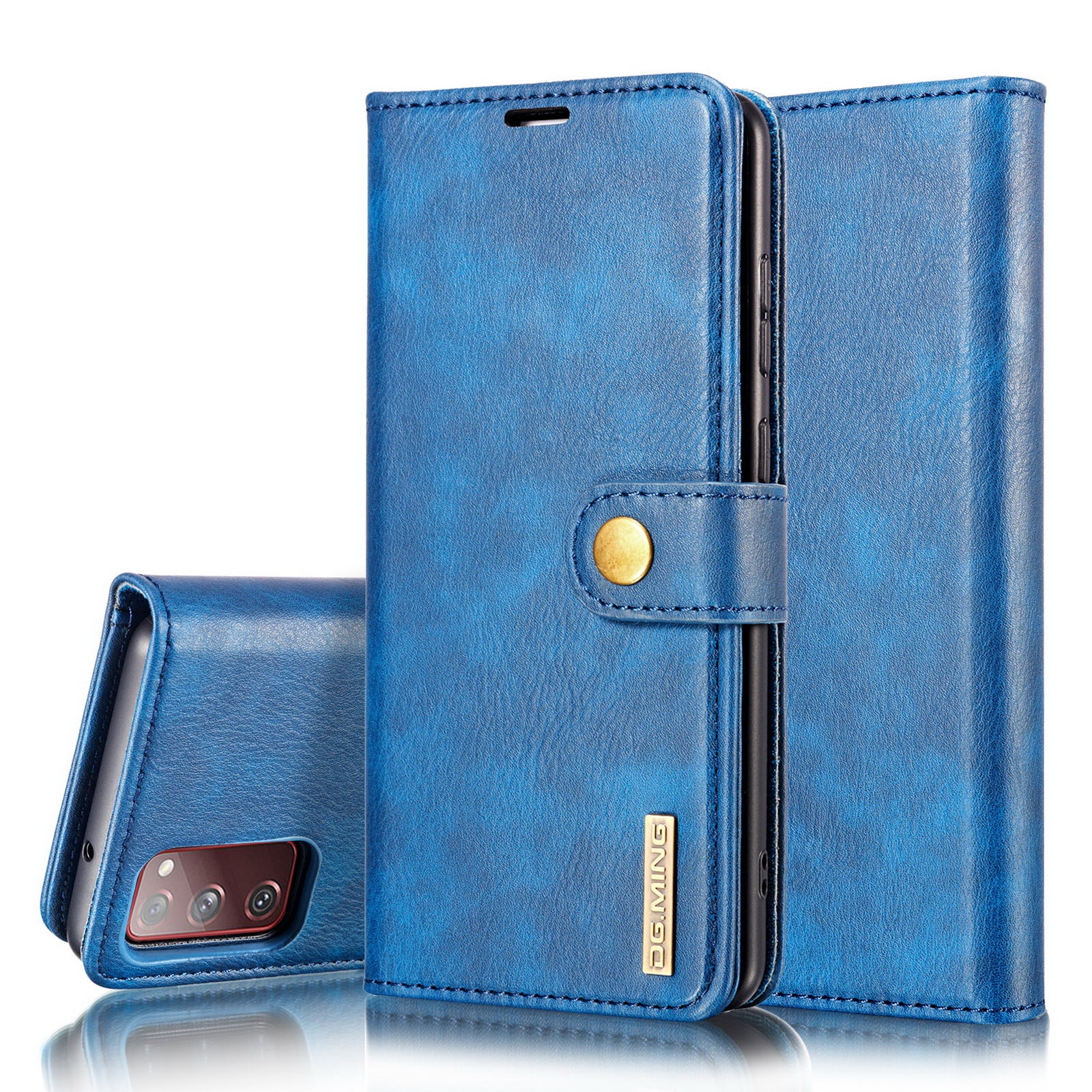 DG.MING Detachable 2-in-1 Split Leather Wallet Shell + PC Back Case for Samsung Galaxy S20 FE 4G / 5G / S20 Lite / S20 FE 2022 - Blue