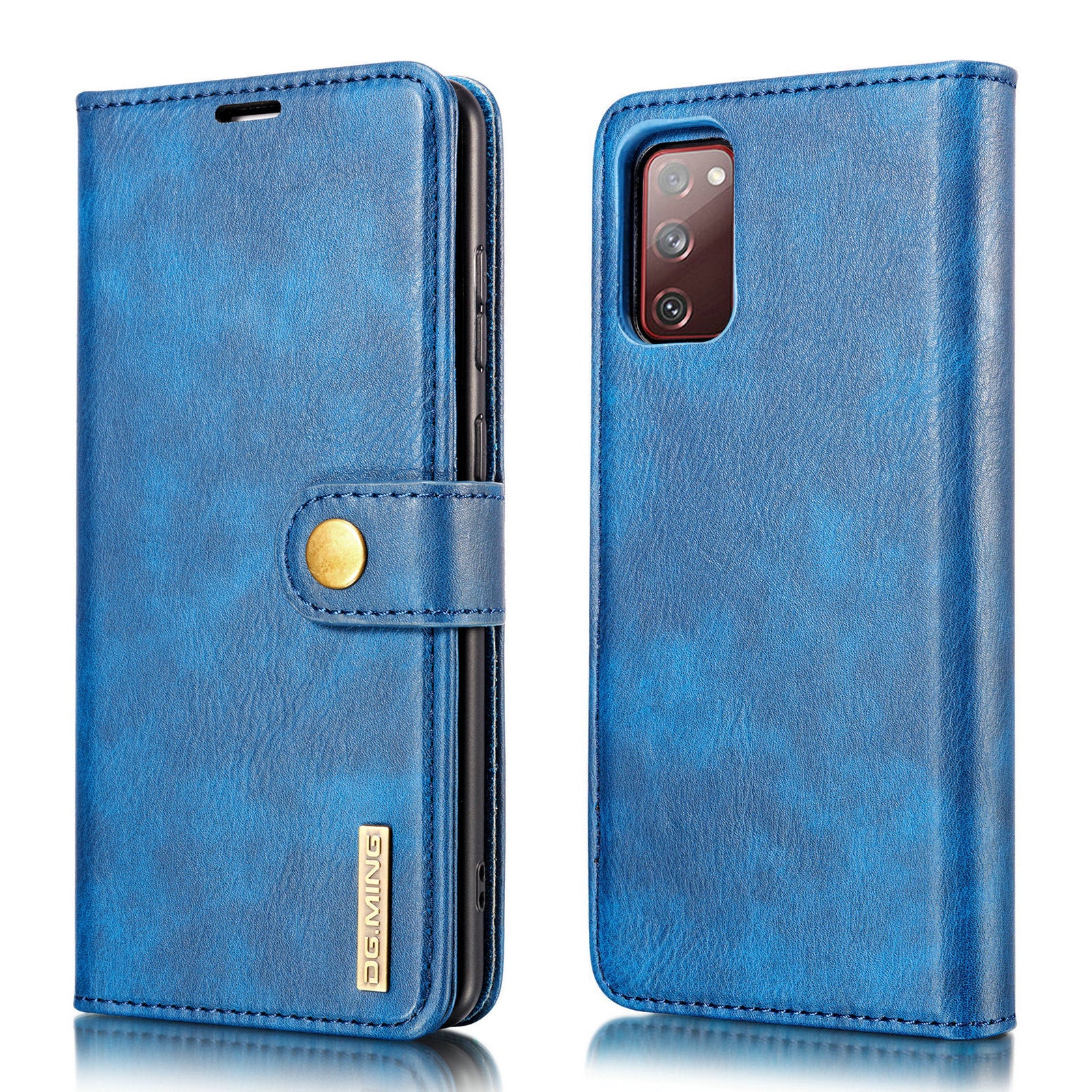 DG.MING Detachable 2-in-1 Split Leather Wallet Shell + PC Back Case for Samsung Galaxy S20 FE 4G / 5G / S20 Lite / S20 FE 2022 - Blue