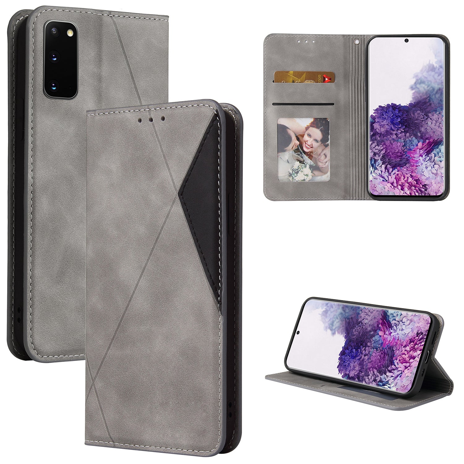 Silky Touch Rhombus Pattern Splicing Leather Stand Case for Samsung Galaxy S20 4G/S20 5G - Grey