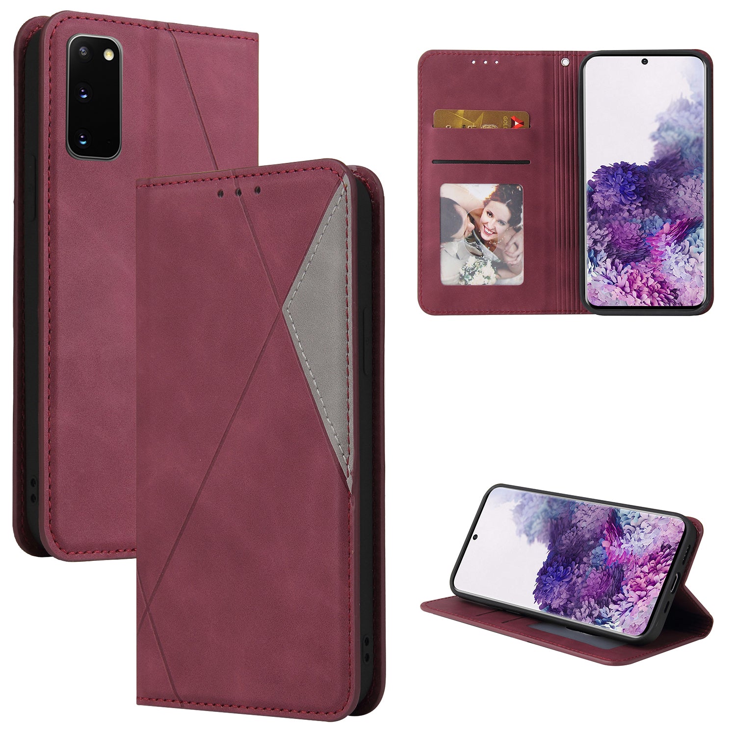 Silky Touch Rhombus Pattern Splicing Leather Stand Case for Samsung Galaxy S20 4G/S20 5G - Wine Red