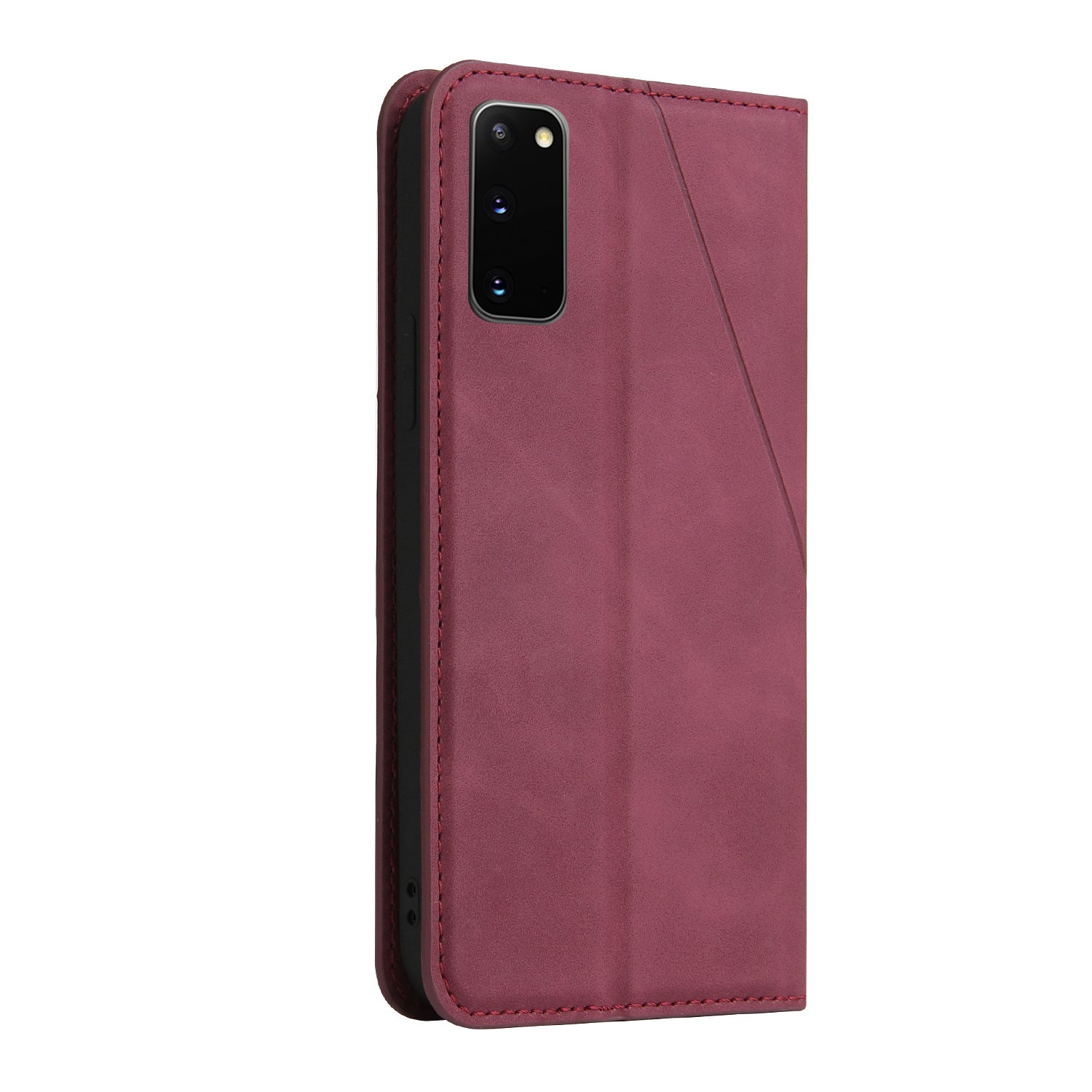 Silky Touch Rhombus Pattern Splicing Leather Stand Case for Samsung Galaxy S20 4G/S20 5G - Wine Red