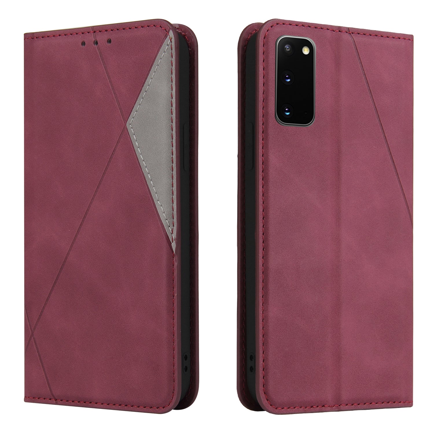 Silky Touch Rhombus Pattern Splicing Leather Stand Case for Samsung Galaxy S20 4G/S20 5G - Wine Red