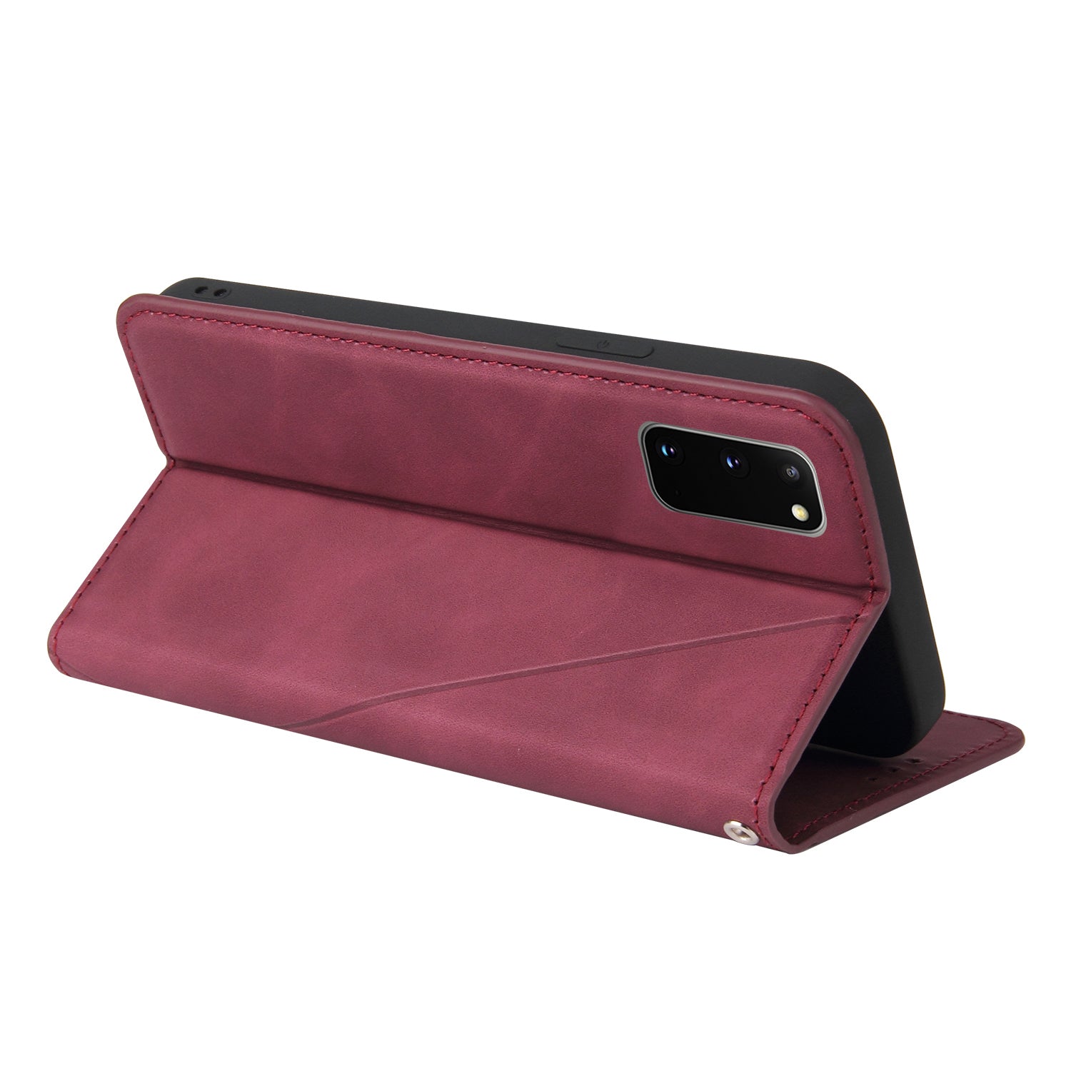 Silky Touch Rhombus Pattern Splicing Leather Stand Case for Samsung Galaxy S20 4G/S20 5G - Wine Red