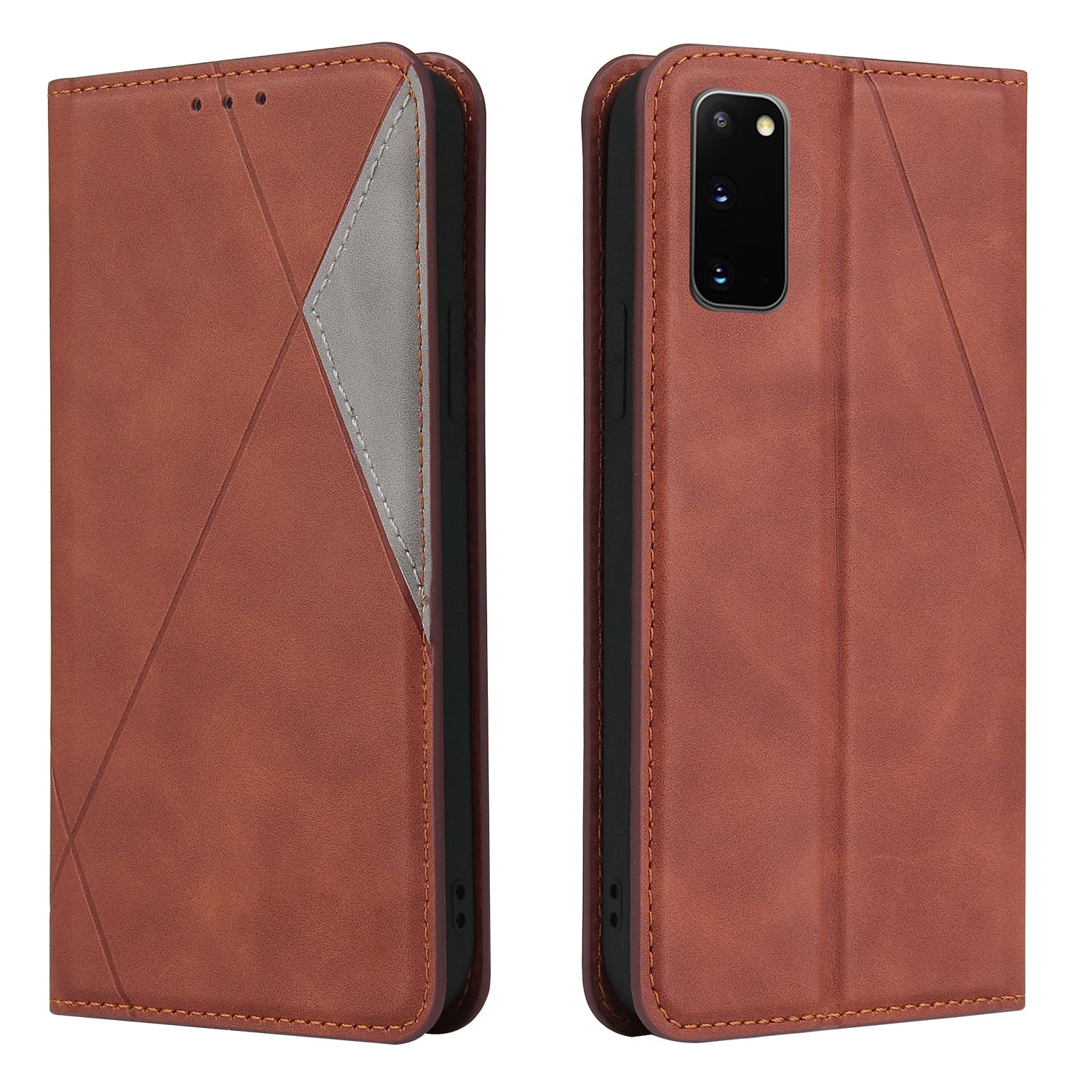 Silky Touch Rhombus Pattern Splicing Leather Stand Case for Samsung Galaxy S20 4G/S20 5G - Brown