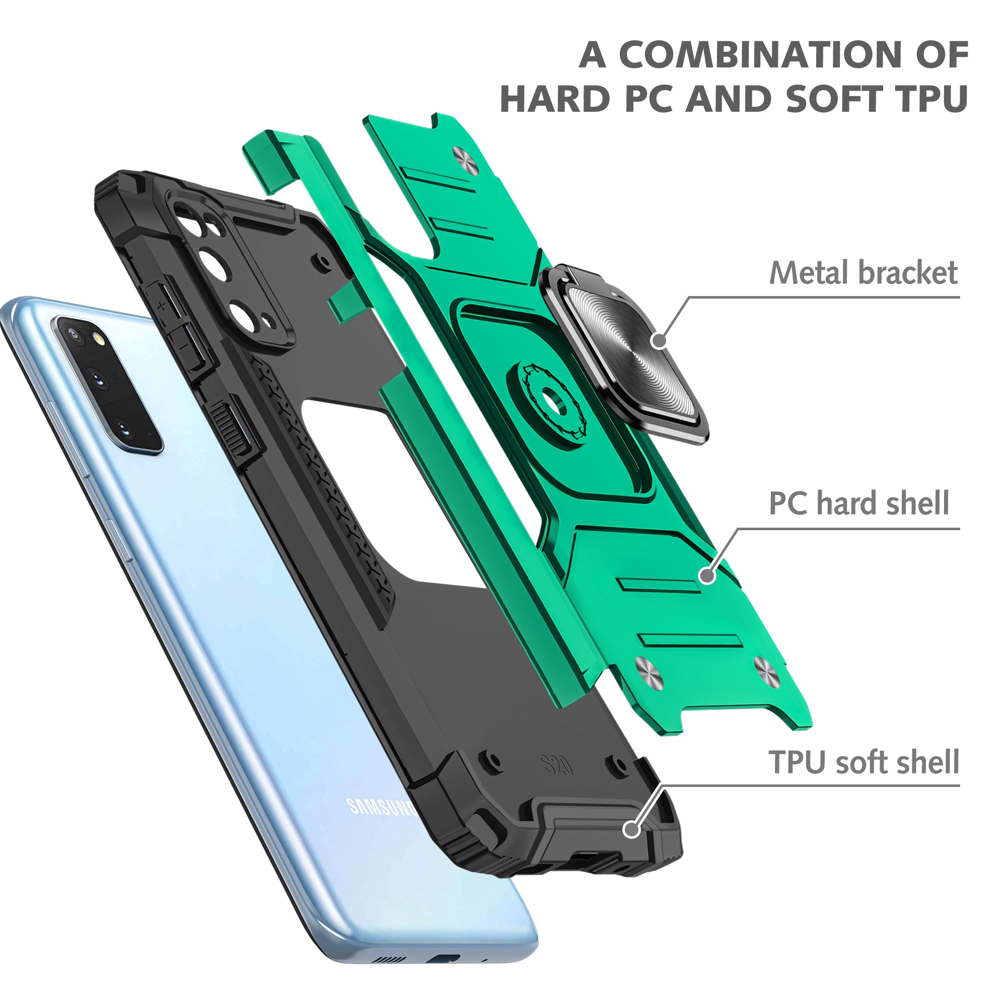 Detachable 2-in-1 Armor Style Kickstand TPU + PC Shell with Metal Sheet for Samsung Galaxy S20 4G/S20 5G - Blackish Green