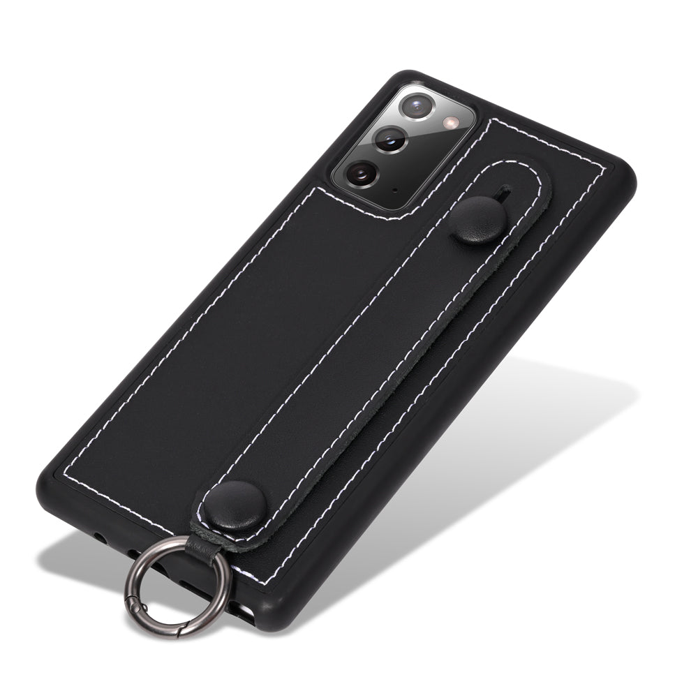 Phone Case TPU+Genuine Leather with Strap Kickstand Shell for Samsung Galaxy S20 4G/S20 5G - Black