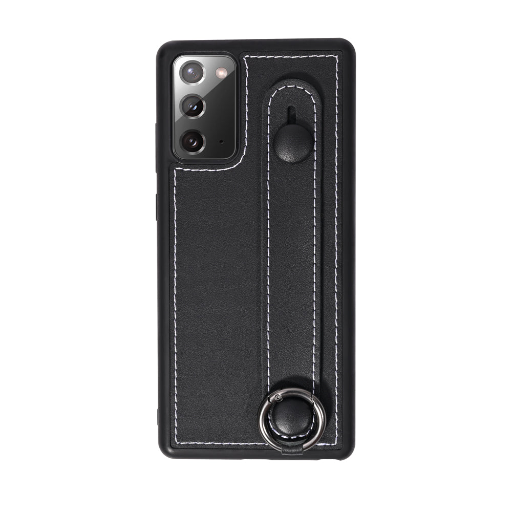 Phone Case TPU+Genuine Leather with Strap Kickstand Shell for Samsung Galaxy S20 4G/S20 5G - Black