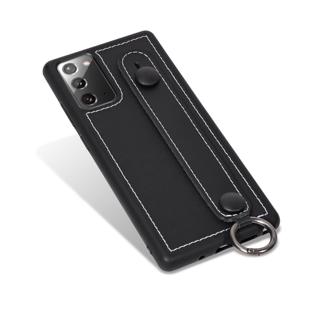 Phone Case TPU+Genuine Leather with Strap Kickstand Shell for Samsung Galaxy S20 4G/S20 5G - Black