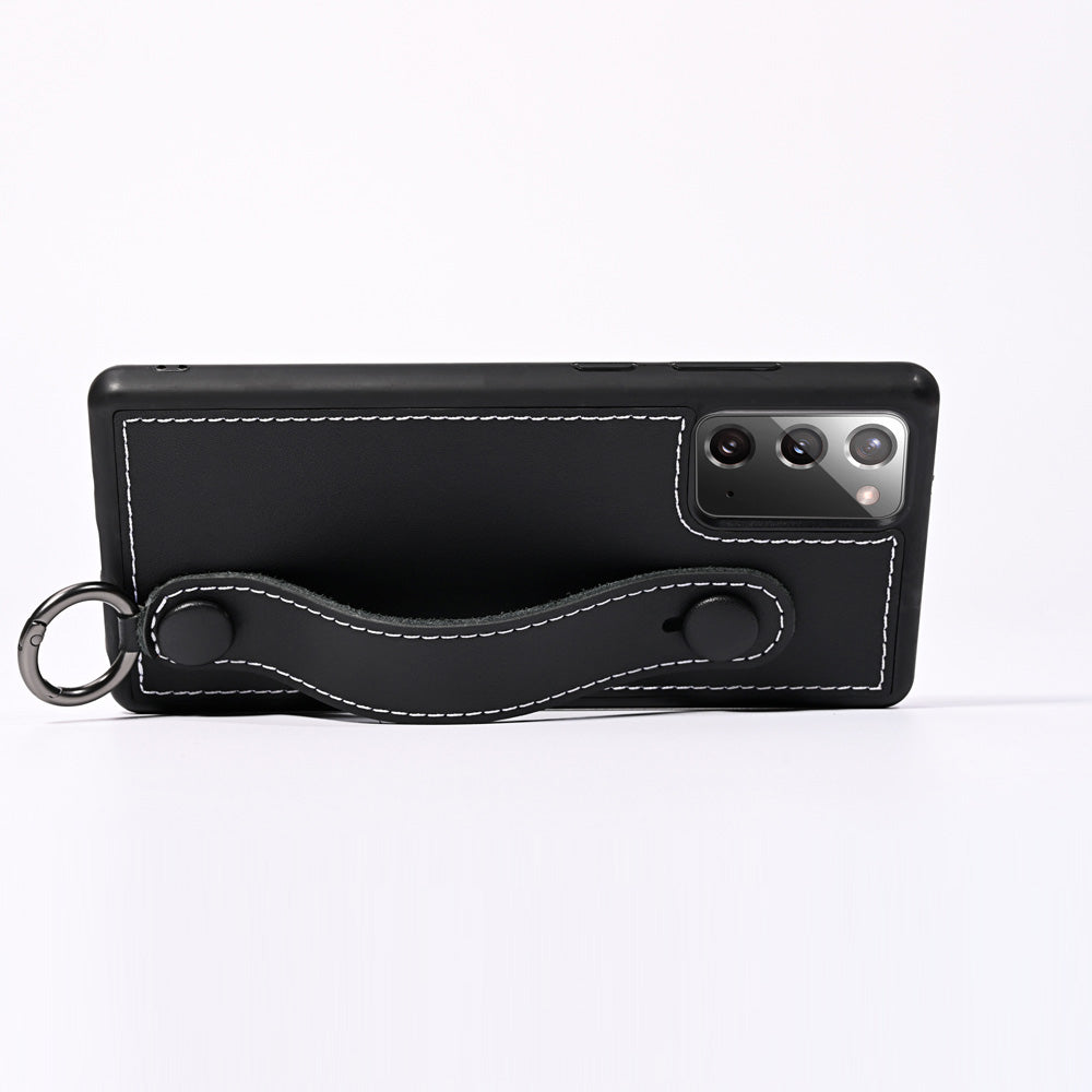 Phone Case TPU+Genuine Leather with Strap Kickstand Shell for Samsung Galaxy S20 4G/S20 5G - Black