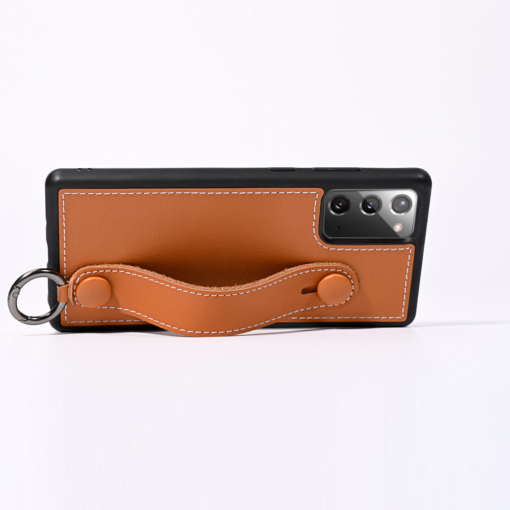 Phone Case TPU+Genuine Leather with Strap Kickstand Shell for Samsung Galaxy S20 4G/S20 5G - Brown