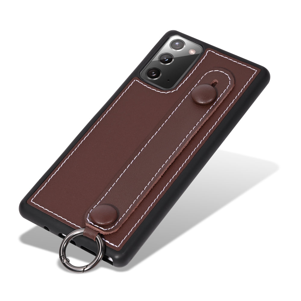 Phone Case TPU+Genuine Leather with Strap Kickstand Shell for Samsung Galaxy S20 4G/S20 5G - Coffee