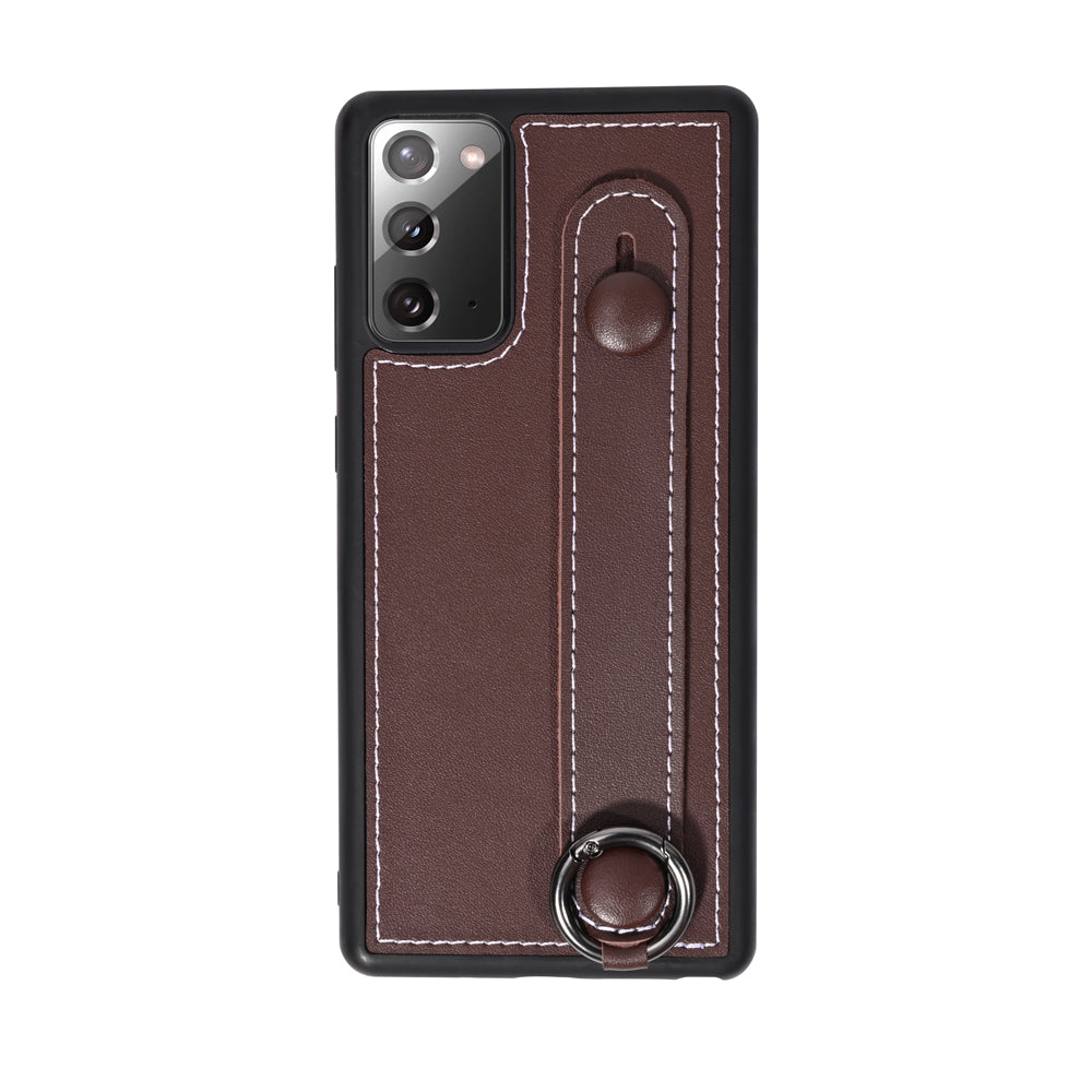 Phone Case TPU+Genuine Leather with Strap Kickstand Shell for Samsung Galaxy S20 4G/S20 5G - Coffee