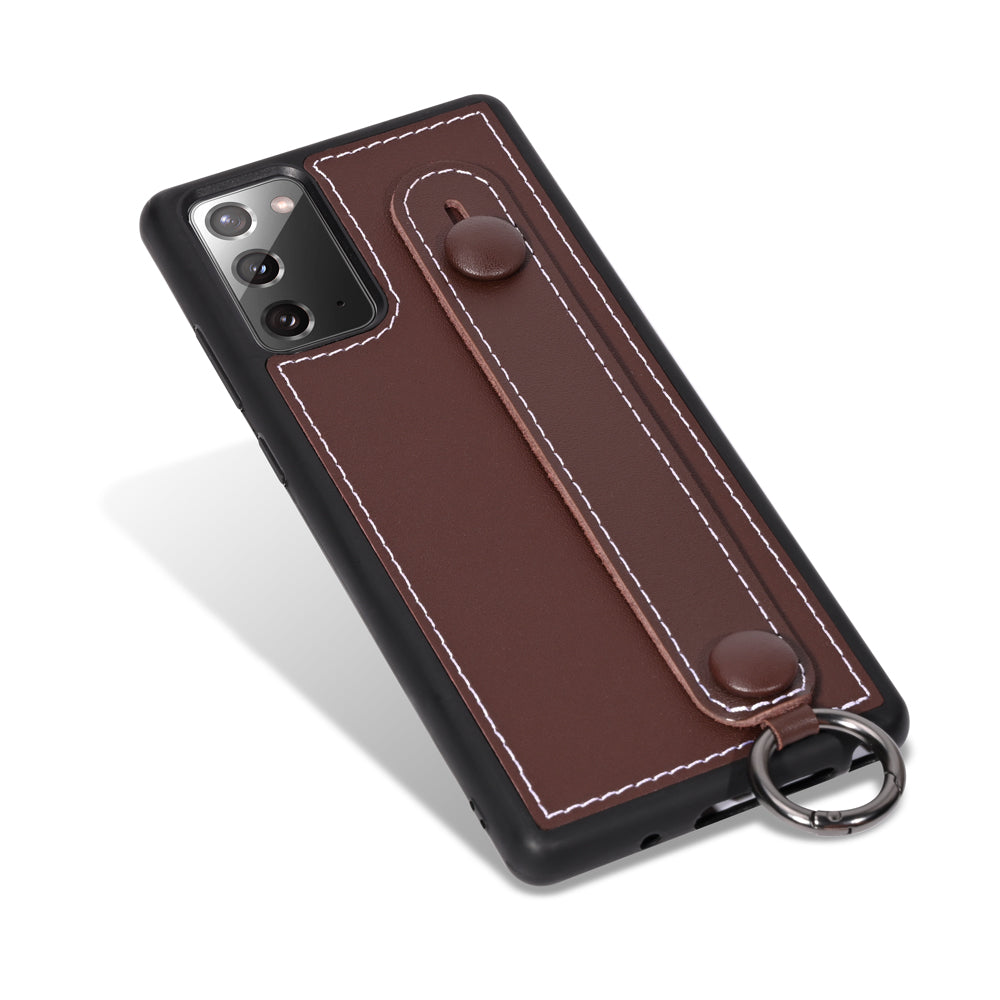 Phone Case TPU+Genuine Leather with Strap Kickstand Shell for Samsung Galaxy S20 4G/S20 5G - Coffee