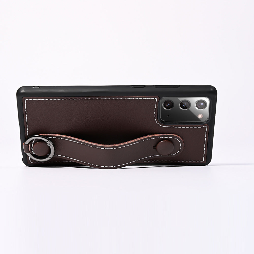 Phone Case TPU+Genuine Leather with Strap Kickstand Shell for Samsung Galaxy S20 4G/S20 5G - Coffee